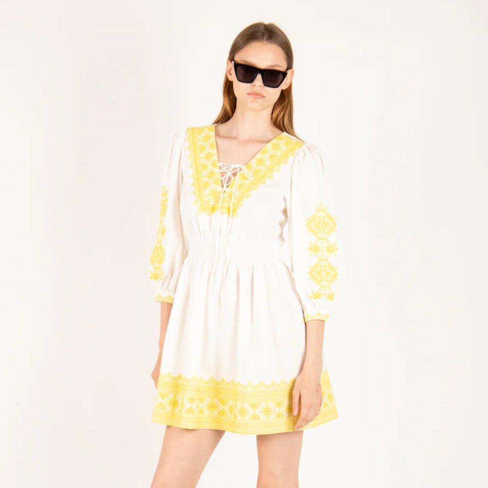Secret Mission Gina Embroidered Organic Cotton Linen Blend Dress Small NWT $495